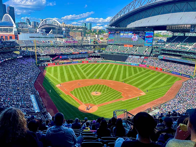 A photo taken from the 300 level at TMobile Park looking down onto the field during a Seattle Mariners game