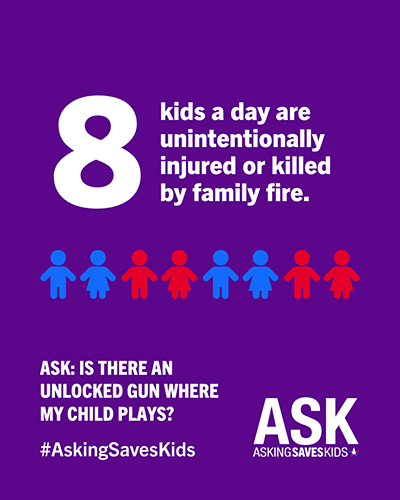 An infographic that reads "8 kids a day are unintentionally injured or killed by family fire"