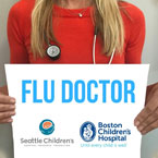 person holding a sign with flu doctor and logos