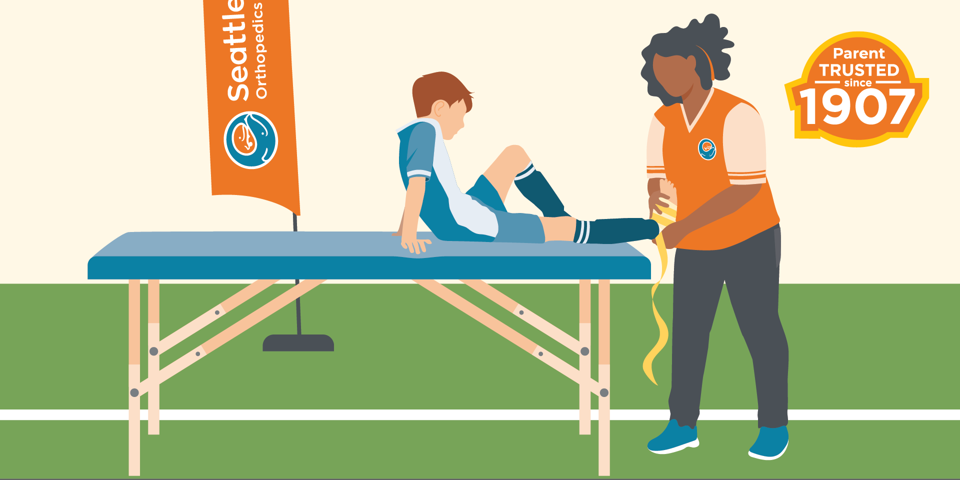 Illustration of a doctor wrapping a child athlete's leg