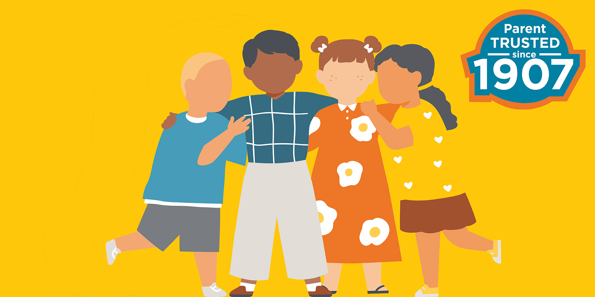 Illustration of 4 children with an emblem that reads Parent Trusted Since 1907