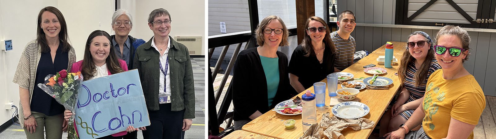 A collage of the MacDuffie lab celebrating Dr. Cohn's graduation. Left: Dr. Cohn holding flowers and a "Doctor Cohn" sign with three team members. Right: Five lab members smiling outdoors at a table enjoying a team meal.
