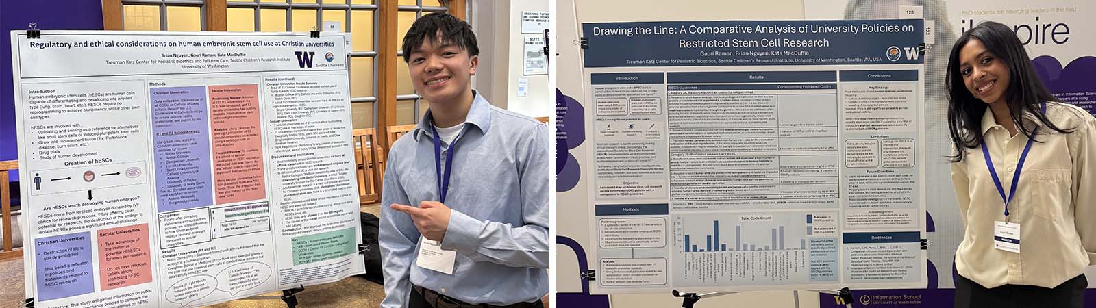 A split image of two undergraduate researchers at a symposium. Left: Brian Nguyen smiles and points to his presented research poster. Right: Gauri Raman smiles while standing beside her presented research poster.