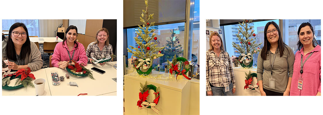 Three images featuring three women with wreaths and a Christmas tree