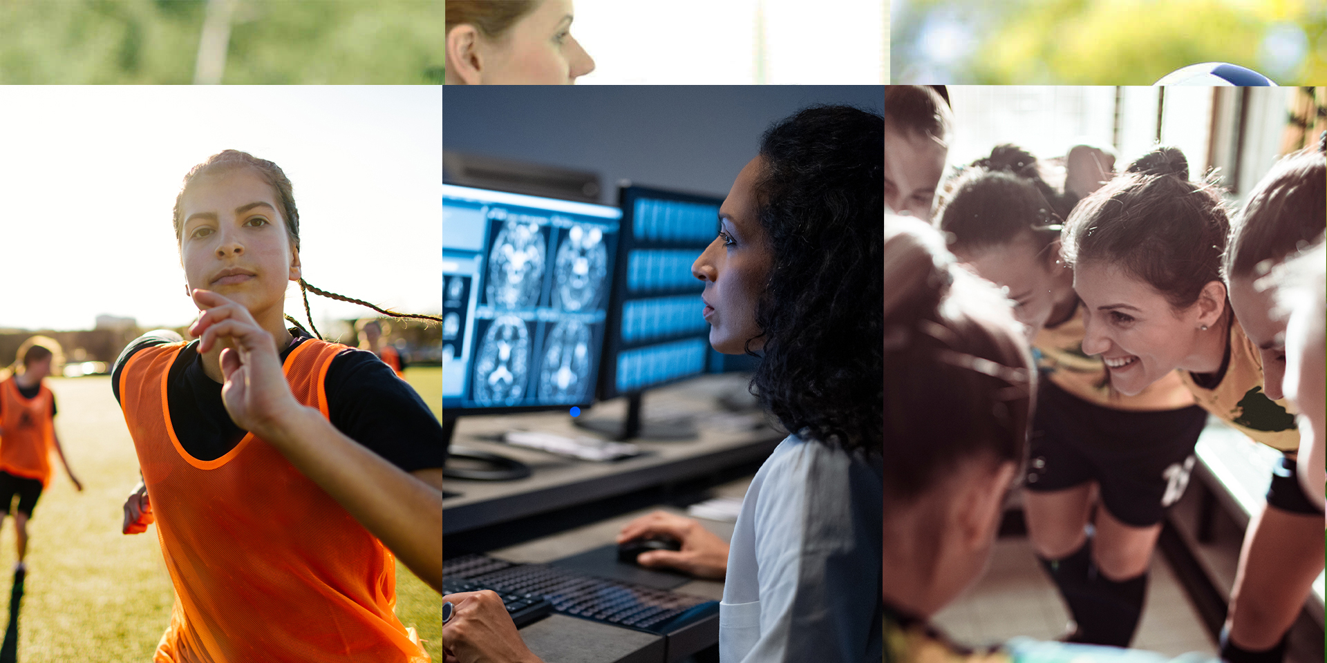 Background banner with 3 images: a sports player running, a researcher looks at imaging, teammates in a huddle