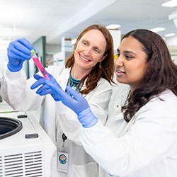 Two researchers inspect a sample