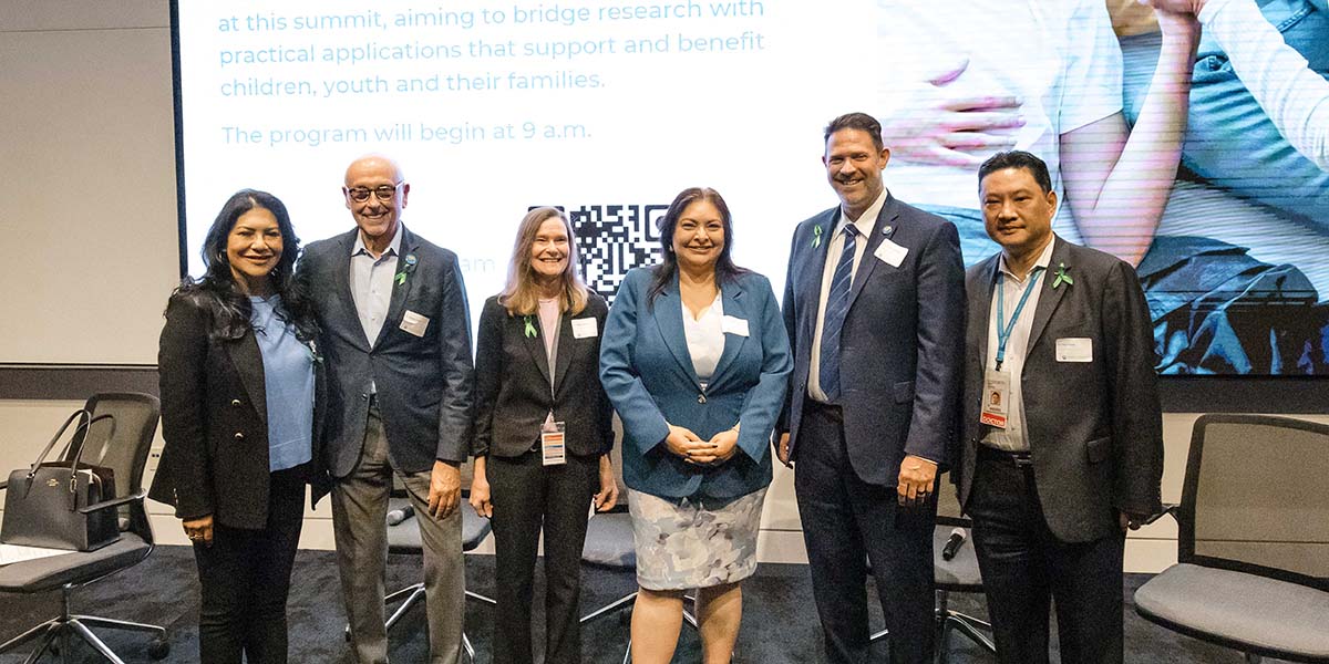 Seattle Children's Leaders in attendance (left to right), Francesca Vega, Vice President of External Affairs & Community Relations, Vittorio Gallo, PhD, Seattle Children&rsquo;s Chief Scientific Officer, Tonya Palermo, director for the Center of Child Health, Behavior and Development, Washington state senator Manka Dhingra, Christopher Longhurst, MD, MS, Seattle Children&rsquo;s Chief Executive Officer and Ray Hsiao, MD, Chief of Psychiatry